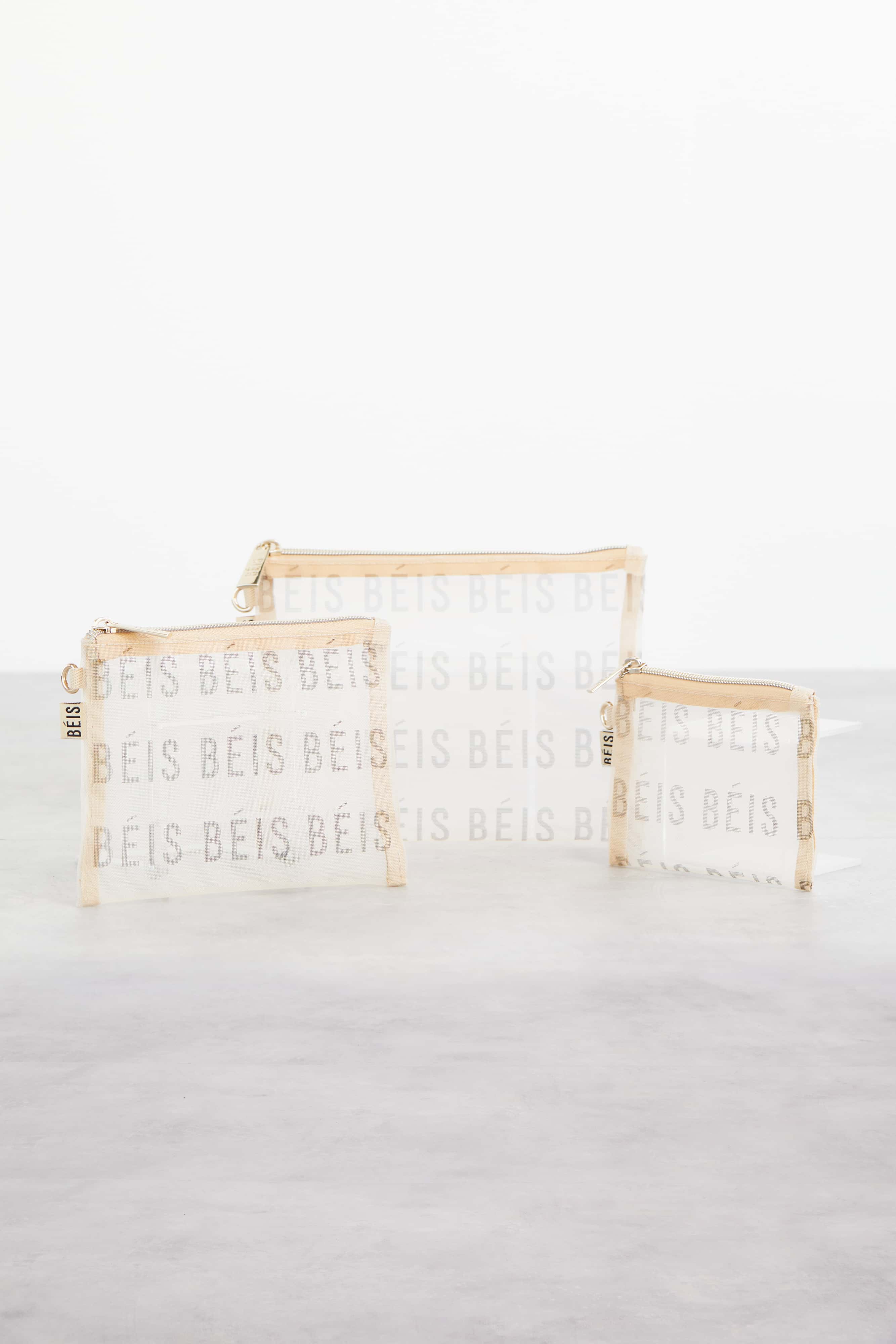 Mesh Pouch Trio Beige Front Three Piece